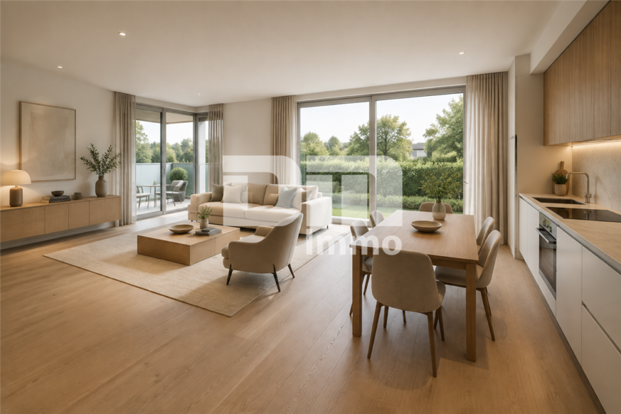 Moderne 3-Zi KFW 55 -Wohnung in barrierearmen Neubauprojekt inkl. Terrasse/Balkon + Abstellraum - Wohn / Esszimmer / Küche / Zugang Balkon+Terrasse